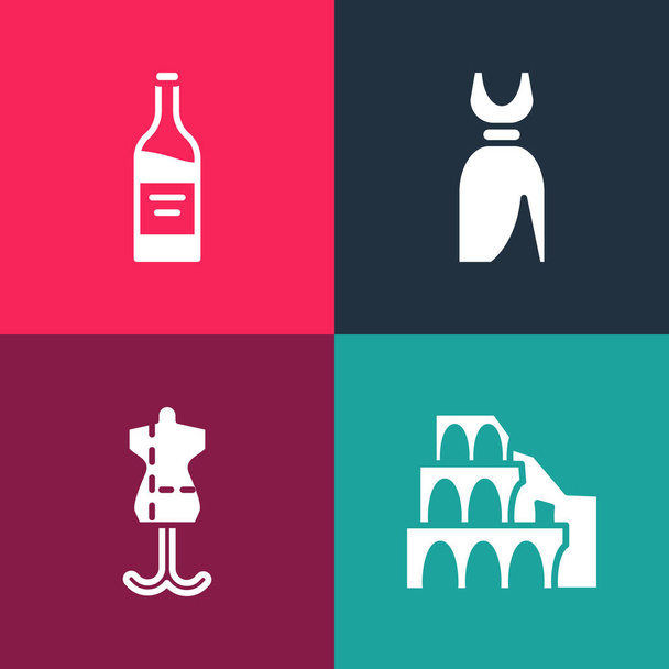 Set pop art Coliseum in Rome, Mannequin, Woman dress and Bottle of wine icon. Vector. - Vector, Image
