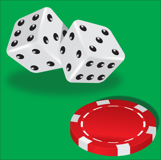 zwei Würfel und rote Pokerchips - Vektor, Bild