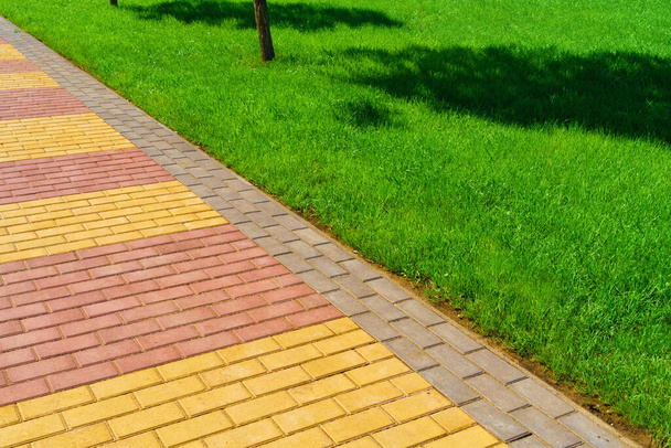 pasarela hecha de losas de pavimentación y hierba verde como fondo, luz solar brillante - Foto, imagen