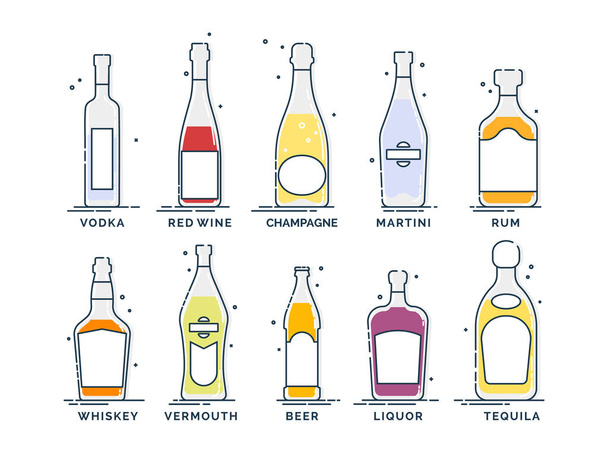Flat line icon with bottle alcohol on white background. Collection drinks. Bar sign. Isolated object. Vodka, wine, champagne, whiskey, liquor, beer, tequila, rum, martini, vermouth. Pub beverage - Vector, Image
