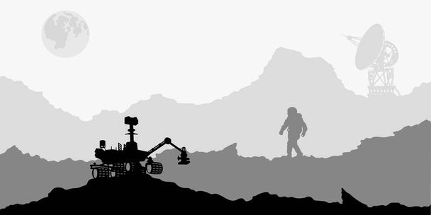 Paisaje espacial. Escena de Marte con astronauta, rover y antena. Panorama de siluetas. Colonización marciana - Vector, imagen