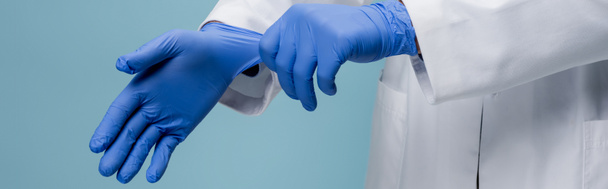 частичное представление врача в белом халате в латексных перчатках, изолированных на синем, баннер - Фото, изображение