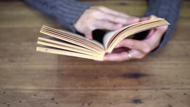 Ένα βιβλίο στο χέρι γυναίκα για ανάγνωση στο σπίτι - Πλάνα, βίντεο