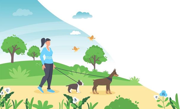 Frau geht mit Hund spazieren. Vektor-Illustration im flachen Stil Hund geht Mädchen im Frühlingspark. - Vektor, Bild