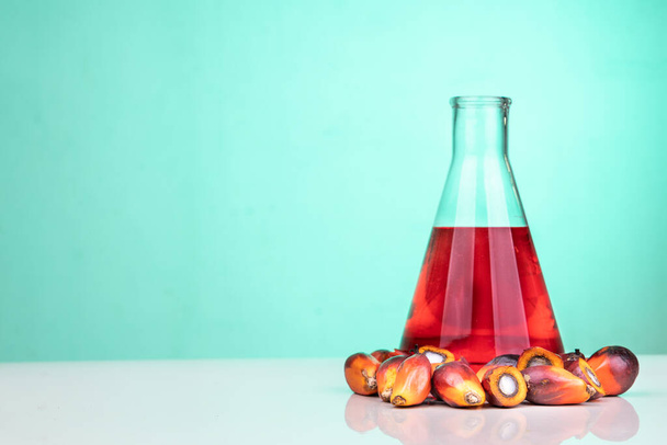Piros színű finomítatlan pálmaolaj és gyümölcsök főzőpohárral a laboratóriumban - Fotó, kép
