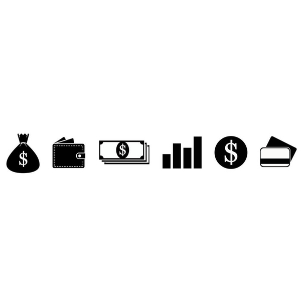 Geld-Ikonen. Business-Symbole, Brieftasche mit Karten-Symbol. Geldbeutel, Münzen, Papiergeld. Vektor auf weißem Hintergrund - Vektor, Bild