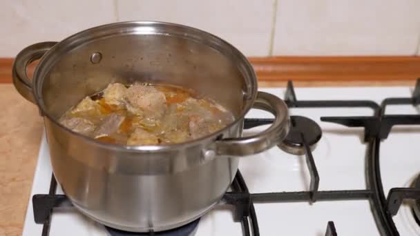 Cocer a fuego lento trozos de carne de cerdo en una cacerola en la estufa de gas en salsa de tomate. Zoom: - Imágenes, Vídeo