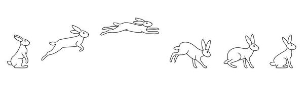 Een set van konijnensprong fasen. De haas zit, bereidt zich voor om te springen, springt, landt. Zwarte omtrek op een witte achtergrond. Vector illustratie in doodle stijl - Vector, afbeelding