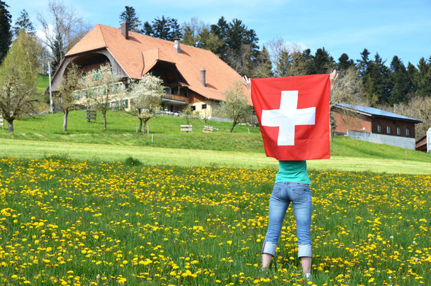 Chica sosteniendo bandera suiza
 - Foto, imagen