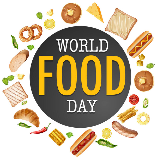 Логотип Всемирного дня продовольствия с иллюстрацией темы хлебобулочных изделий - Вектор,изображение