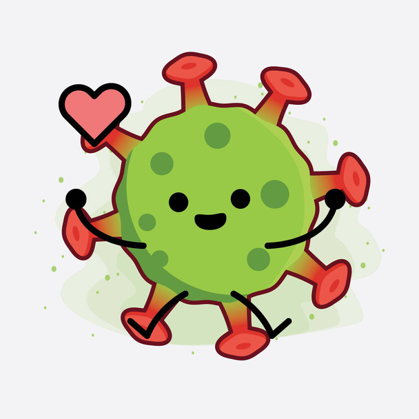 Vektorová ilustrace zeleného viru Postava s roztomilou tváří, jednoduchýma rukama a výtvarnou linií nohou na izolovaném pozadí. Plochý kreslený styl. - Vektor, obrázek