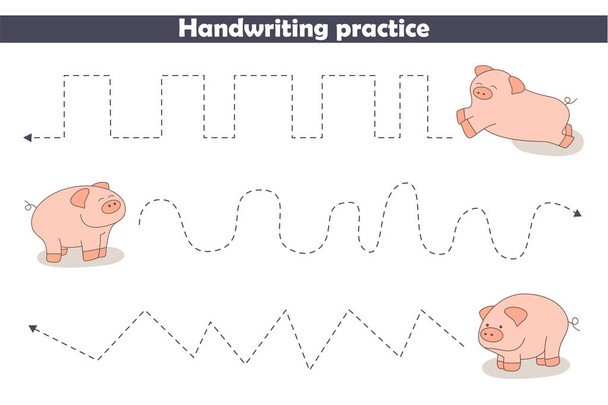 Handwriting practices with pigs. Children's cartoon tasks with pigs. Preschool education, developing children's game, printable sheet, learning to write. Vector illustration. - Vector, Image
