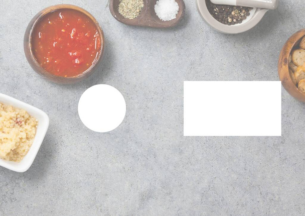 Illustration with blank rectangle and circle over cooking ingredients on grey background. copy space, food and drink concept digitally generated image. - Foto, afbeelding