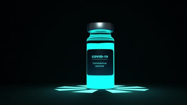 Covid-19 butelka szczepionki koronawirusowej 3D animacji. Fluorescencyjne światło ultrafioletowe świecące neonowe kolory - Materiał filmowy, wideo