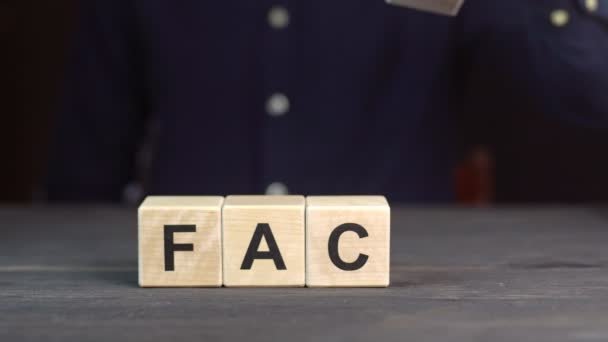 Een man in een shirt componeert het woord FACT uit houten blokjes, close up - Video