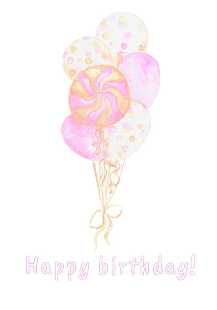 Diseño de postal con un montón de globos de feliz cumpleaños en colores rosa y beige - Foto, Imagen
