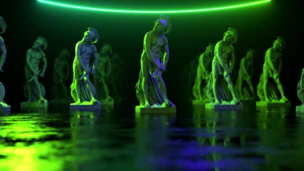 Filopoemen Rzeźba oświetlona światłem neonowym. Obiekt muzealny uzyskany przez skanowanie 3D. Retro futurystyczny design. Animacja 3D - Materiał filmowy, wideo