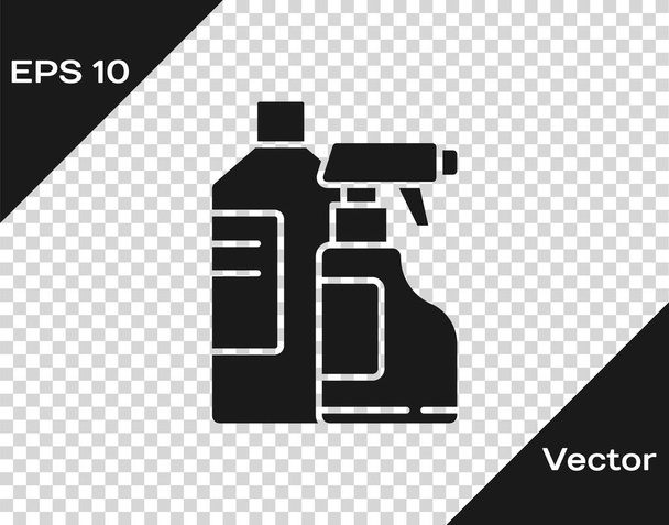 Fekete műanyag palackok mosószer, fehérítő, mosogatószer folyadék vagy más tisztítószer ikon izolált átlátszó háttérrel. Vektorillusztráció. - Vektor, kép