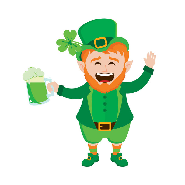 Vrolijke kabouter met mok van groen bier icoon vector. Gelukkige St. Patrick 's Day icoon. Lachende schattige kabouter met bier pictogram geïsoleerd op een witte achtergrond - Vector, afbeelding