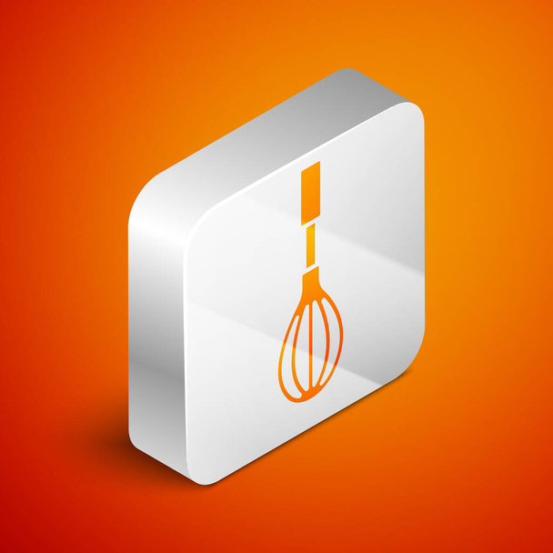 Isometric Kitchen whisk icon isolated on orange background. Cooking utensil, egg beater. Cutlery sign. Food mix symbol. Silver square button. Vector. - Vector, Image