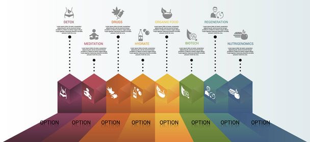 Infografinen biohakkerointi malli. Kuvakkeet eri väreissä. Sisällytä vieroitus, meditaatio, huumeet, nesteytys ja muut. - Vektori, kuva