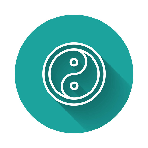 Bílá čára Yin Yang symbol harmonie a vyvážení ikony izolované s dlouhým stínem. Zelený knoflík. Vektor. - Vektor, obrázek