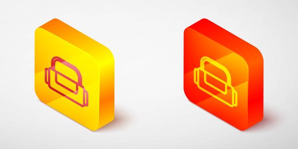 Isometrische Linie Sporttasche Symbol isoliert auf grauem Hintergrund. Gelbe und orangefarbene quadratische Taste. Vektor - Vektor, Bild