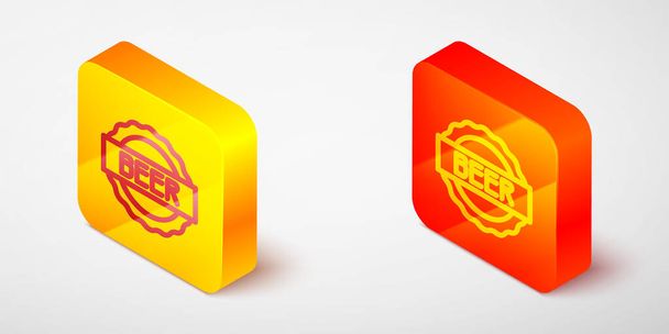 Isometric line Bottle cap with inscription beer icon isolated on grey background. Yellow and orange square button. Vector - Vector, Image