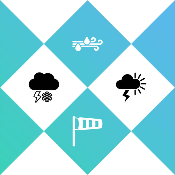 Set Cloud with snow and lightning, Cone meteorology windsock wind wane, Wind rain and Storm icon. Vektor. - Vektor, obrázek