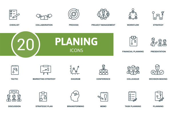 Planing ikon készlet. Szerkeszthető ikonok tervezési téma, mint az együttműködés, projektmenedzsment, stratégia és így tovább. - Vektor, kép