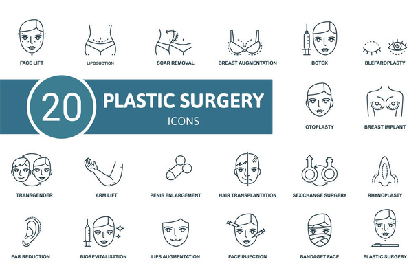 Πλαστικό σετ εικόνων χειρουργικής. Περιέχει επεξεργάσιμο εικονίδια πλαστικό θέμα χειρουργική επέμβαση, όπως λιποαναρρόφηση, αύξηση στήθους, βλεφαροπλαστική και περισσότερο. - Διάνυσμα, εικόνα