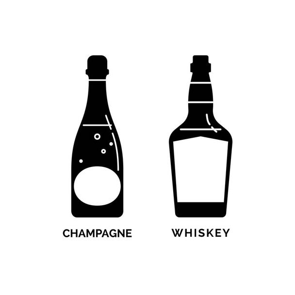 Pullo samppanjaa ja viskiä siluettina. Alkoholijuomapiirustus. Musta valkoinen. Sisustuselementti. Baarin ruokalista suunnittelu. Symboli, logo. Eristetty kuva valkoinen tausta. Juomakuvake - Vektori, kuva