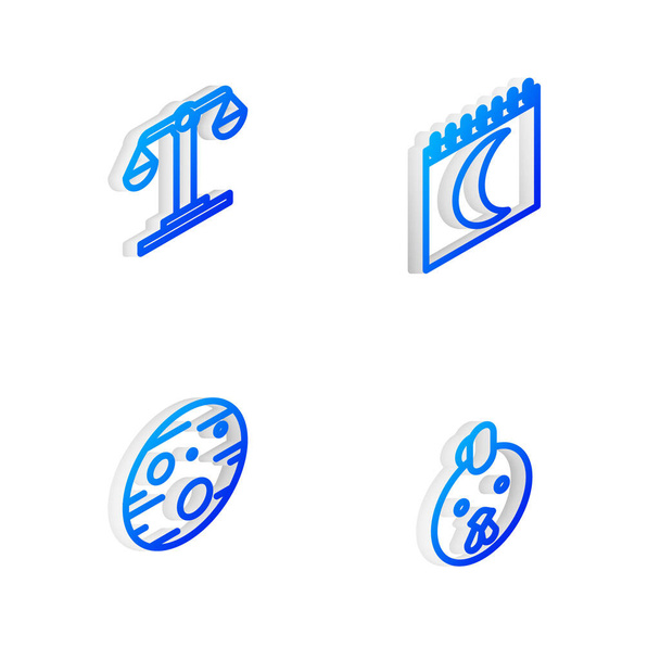 Set Isometric line Moon phases calendar, Libra zodiac, Planet Mars and Rooster icon. Vector. - Vector, Image