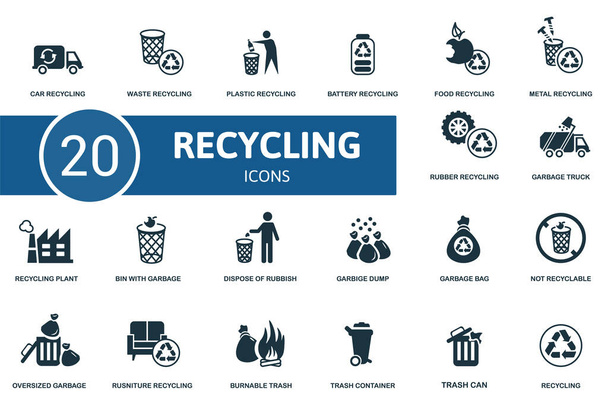 Újrahasznosító ikonkészlet. Tartalmaz szerkeszthető ikonok újrahasznosítás téma, mint a hulladék, akkumulátor újrahasznosítás, fém újrahasznosítás és több. - Vektor, kép