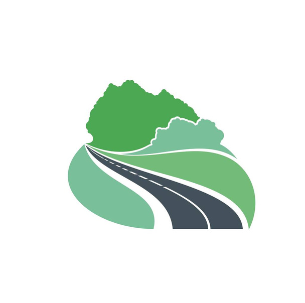 Útikalauz erdei és autópálya útvonal, vektoros utazás és utazás szimbólum. Közúti görbe az erdőhöz, aszfalt a közlekedési sávval, zöld ökoépítőipar és útépítő ipar - Vektor, kép