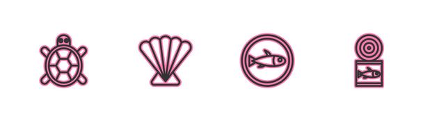 Set lijn Schildpad, Geserveerde vis op een bord, Scallop zeeschelp en icoon in blik. Vector - Vector, afbeelding
