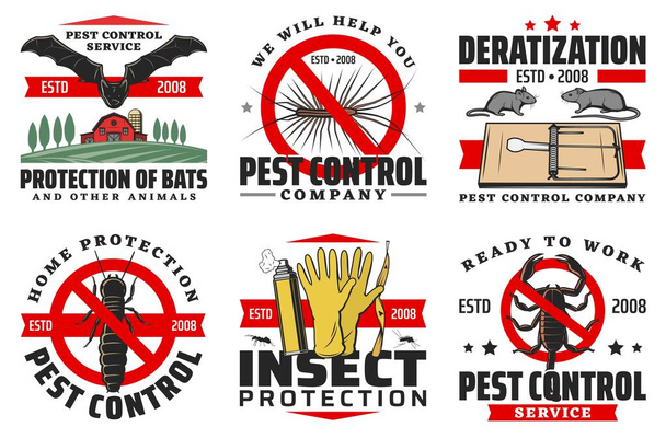 Ikony izolowanych wektorów systemu kontroli szkodników. Ochrona nietoperzy, szczurów lub myszy oraz stonogi, srebrzystych ryb i skorpionów z mrówkami, znaki zakazu komarów, niebezpieczna eksterminacja owadów, środki odstraszające - Wektor, obraz