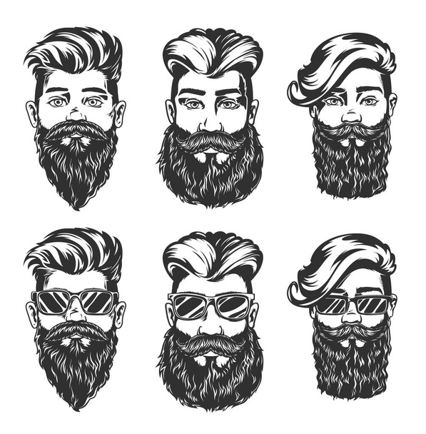Hippi saç stili ve sakal stili vektör çizimleri saç kesimi, sakal, bıyık ve gözlük takan erkeklerin yüzleri, kesik, açısal püsküller ve pohpohlanmış saç şekilleriyle izole edilmiş eller. - Vektör, Görsel