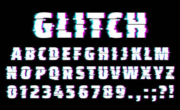 Glitch lettertype van vector alfabet letters en cijfers type. Vervormd lettertype met computer- of tv-schermgeluid, uitval van het televisiesignaal en effecten van gegevensverval, retro glitch typografie lettertype ontwerp - Vector, afbeelding