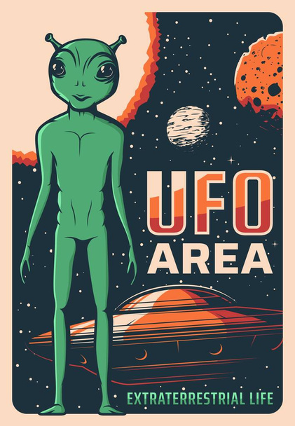 Retro poster met alien, ufo en ruimteschip, vector buitenaardse comer met groene huid en enorme ogen. Ruimteverkenningskaart met shuttle in kosmos, sterren en planeten, schotel in sterrenhemel - Vector, afbeelding
