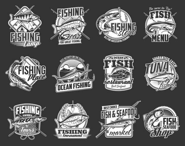 Rybářské sportovní ikony nastaveny. Mořské a říční ryby, štika, okoun a jeřáb, marlín, tuňák a losos, platýs bradavičnatý, sumci nebo sumci, prut a hák. Rybářský turnaj, obchod s nářadím, znak restaurace mořských plodů - Vektor, obrázek