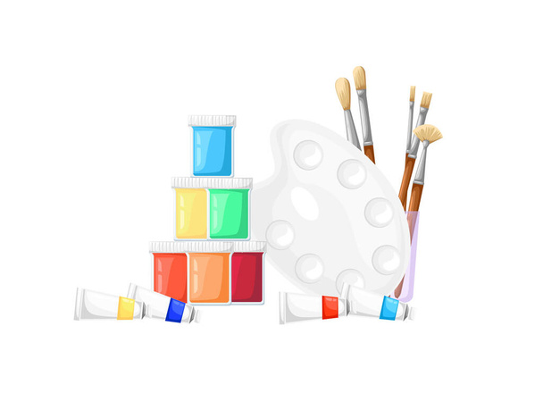 Paleta de pintores con diferentes colores tubos de pintura y un vector de pinceles ilustración sobre fondo blanco - Vector, Imagen