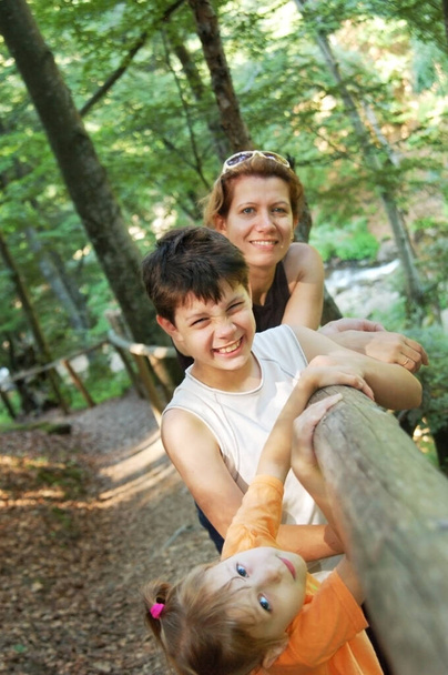 A gyerekek az anyámmal az erdőben sétálnak nyáron. Meg fogják mászni a hegyeket. Függőleges. Boldogok és mosolyognak. - Fotó, kép