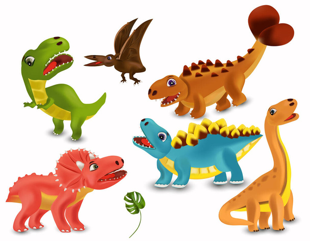 Dinozorlar Tyrannosaurus, Brachiosaurus, Pterodactyl, Triceratops, Stegosaurus çizgi film karakteri. Büyük bir dinozor koleksiyonu. Beyaz arka planda kızgın ve komik bir dinozor. 3B vektör illüstrasyonu - Vektör, Görsel