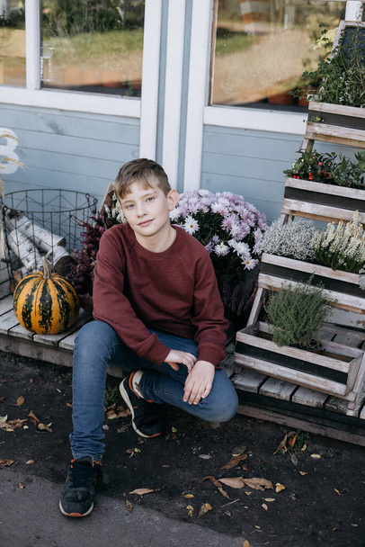 boy with flowers and pumpkins in the park - Foto, imagen