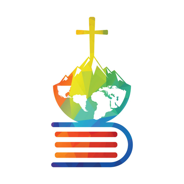 Global bible cross logo vector design with mountain. Cross on mountain with Holly book. - Vector, Image