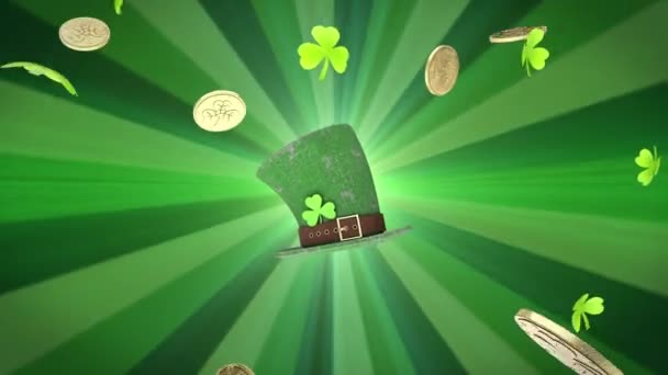 St. Patricks Day Hintergrund mit fallenden Shamrock Klee und Goldmünzen - Filmmaterial, Video
