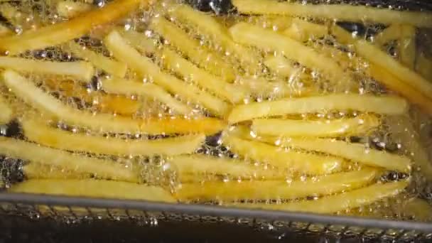 Close up of french fries is cooking into deep fryer. Crunchy potatoes is frying in hot boiling oil at cuisine. Process of making fast food at kitchen. Food preparing concept. Top view Slow motion - Footage, Video