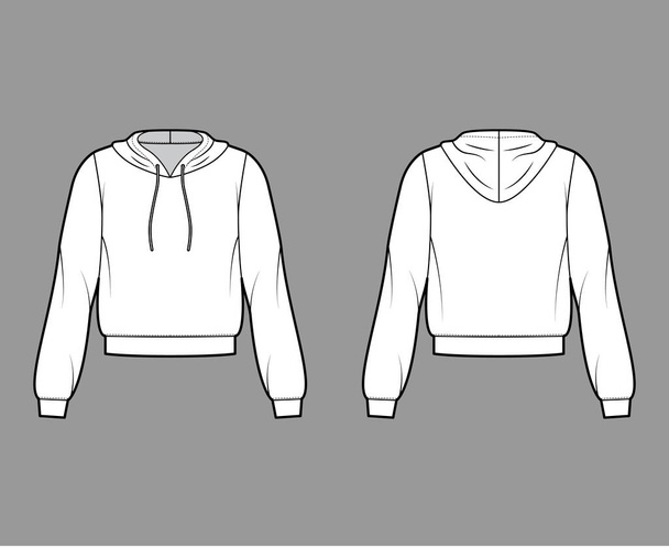 Kapuzen-Sweatshirt technische Modeillustration mit Ellenbogenärmeln, entspanntem Körper, gestreiftem Saum, Manschette, Kordelzug. Flach  - Vektor, Bild