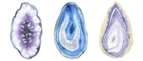Geode Scheiben aus Achaten und Amethyst. Aquarell-Illustration isoliert auf weißem Hintergrund. - Foto, Bild